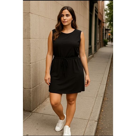 Athleta Womens Sz 14 Black Sleeveless Drawstring Waist Dress Travel Casual Stret - Picture 2 of 5